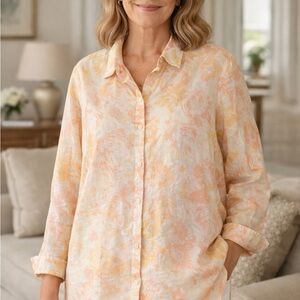 J. Jill XL 100% Linen Floral Button Up Shirt Peach Yellow Layering Cottagecore